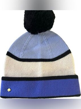 Kate Spade New York Soft Knit Color Block Pom Pom Beanie Hat Blue White Black OS